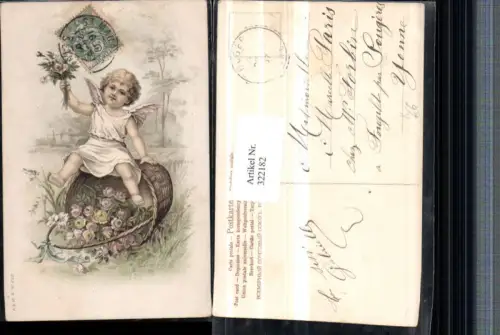 322182,Künstler AK Kind Engel Korb Rosen Blumen Schleife