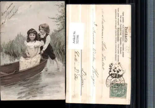322186,Künstler AK Kinder Mädchen m. Kleid Korb Ruderboot Boot