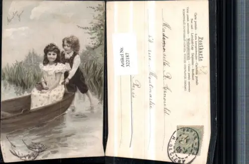 322187,Künstler AK Kinder Mädchen m. Kleid Korb Ruderboot Boot