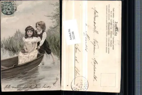 322188,Künstler AK Kinder Mädchen m. Kleid Korb Ruderboot Boot
