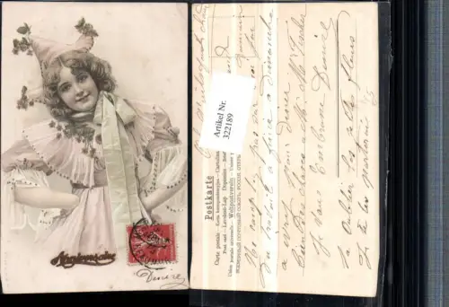 322189,Künstler AK Fasching Frau Mädchen m. Kleid Mütze Schleife