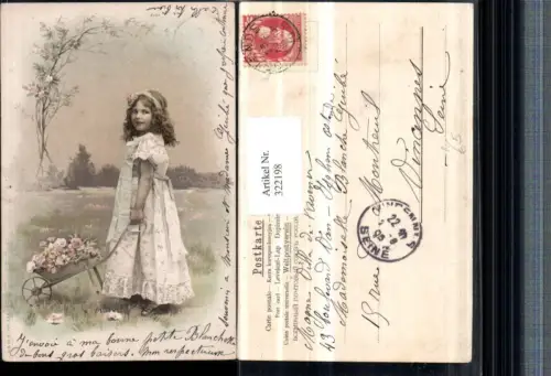 322198,Künstler AK Mädchen m. Haarband Kleid Schubkarre Blumen