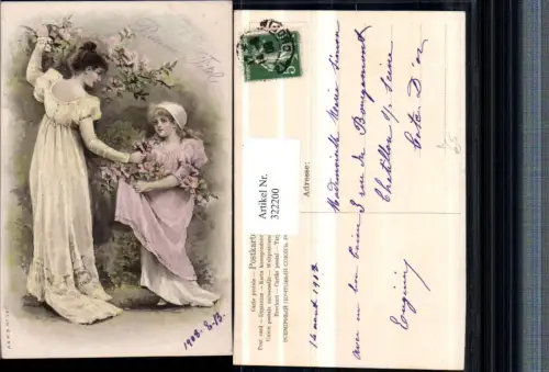 322200,Künstler AK Frau Mutter m. Kind Mädchen Kleider Rosen Blumen