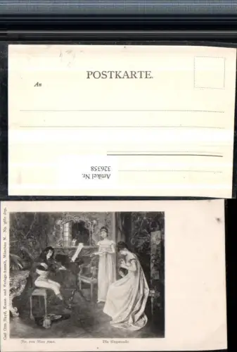 326358,Künstler AK Jos. Von Moos Die Singstunde Frau b. Sticken Geiger pub Carl Otto Hayd 3680