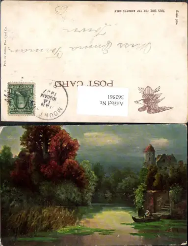 362561,Künstler Ak Mann Ruderboot Boot Burg Schloss Landschaft