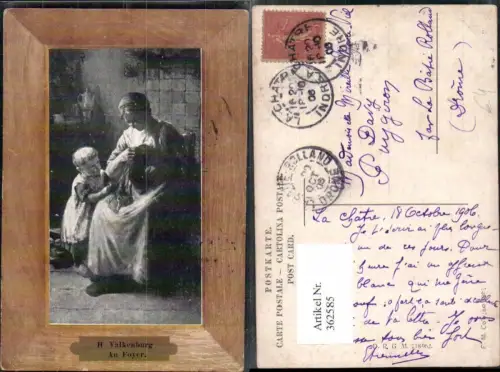 362585,Künstler Ak H. Valkenburg Au Foyer Frau Kind Passepartout Holzrahmen