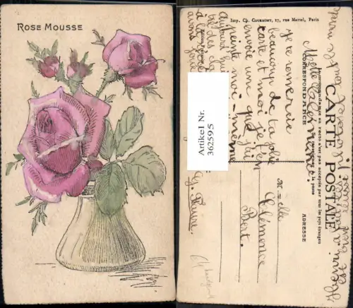 362595,Künstler Ak Handgemalt Rose Mousse Rosa Rosen i. Vase Blumen