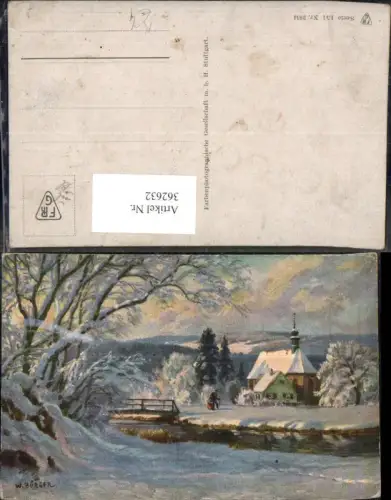 362632,Künstler Ak W. Bürger Wanderer Winterlandschaft Kirche Brücke