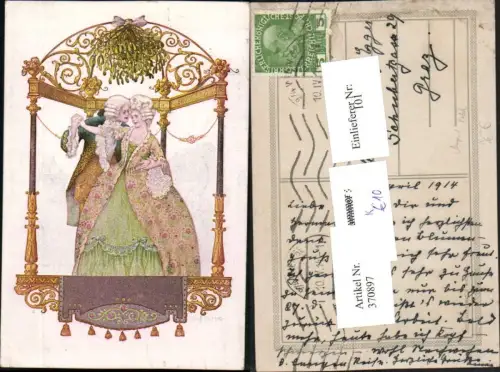 370897,Künstler AK August Patek Biedermeier Mode Paar Mistelzweig