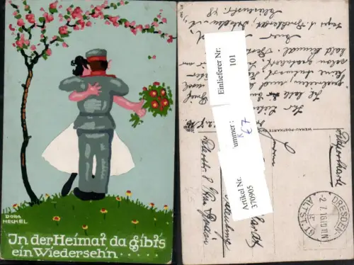 370905,Künstler AK Dora Heckel Soldat Frau Umarmung Blumen pub Wenau 747