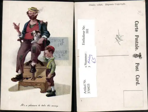 370925,Künstler AK Kind als Schuhputzer Mann m. Hut Rauchen Hund