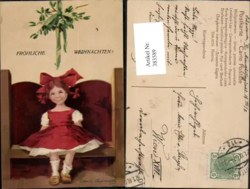 383589,Präge Künstler Litho Ellen H. Clapsaddle Weihnachten Mädchen m. Masche Mistelzweig