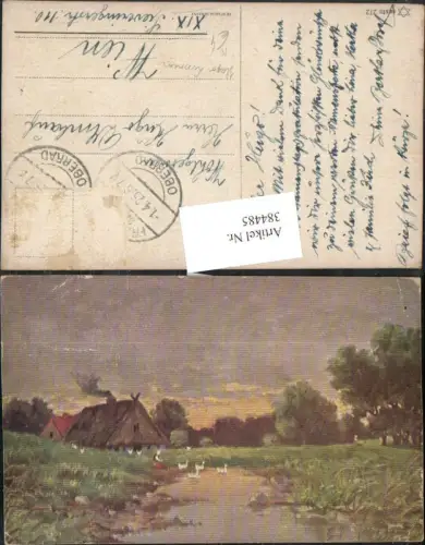 384485.Künstler AK Hugo Lissmann Landschaft Teich Enten Haus