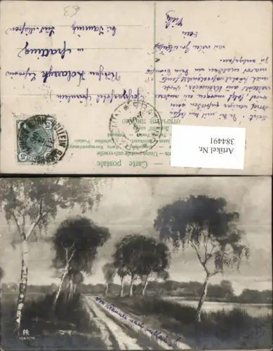 384491.Künstler AK Landschaft Weg Bäume Birken