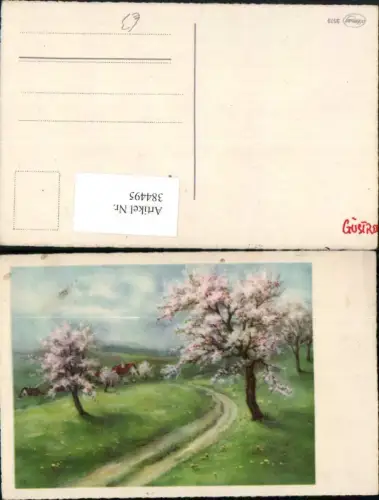 384495.Künstler AK Landschaft Baumblüte Bäume Weg