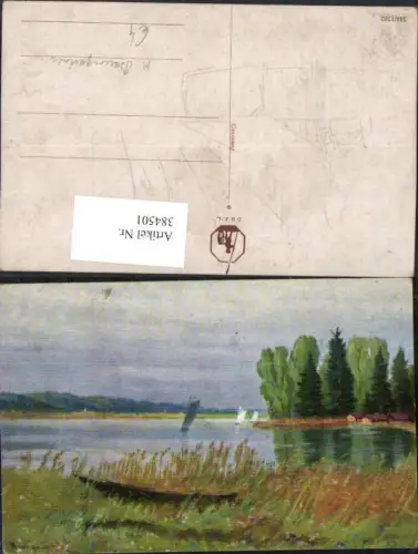 384501.Künstler AK M. Baumgartner Landschaft See Segelboote