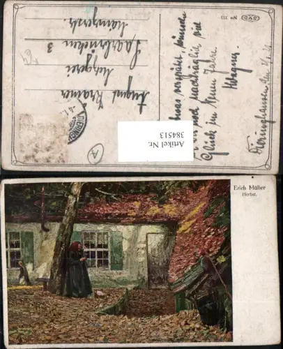 384513.Künstler AK Erich Müller Herbst Haus Garten Alte Frau b. Stricken