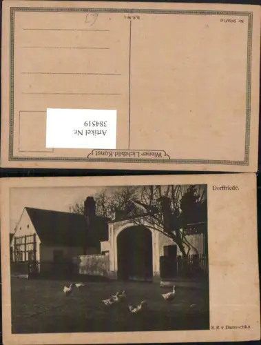 384519.Künstler AK R. R. v. Damaschka Dorffriede Haus Tor Gänse