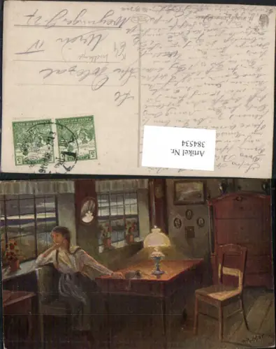 384534.Künstler AK H. Richter Dämmerstunde Frau b. Tisch Tischlampe