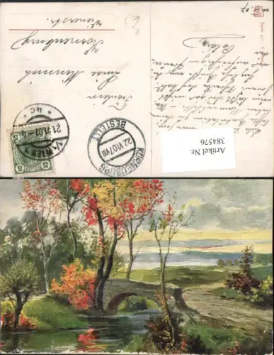 384576.Künstler AK Landschaft Bach Brücke Bäume