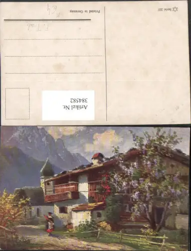 384582.Künstler AK Haus Kirche Partie Flieder Bergkulisse