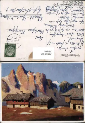 384601.Künstler AK M. Schönermark Einsame Berghöfe Almhütten Bergkulisse