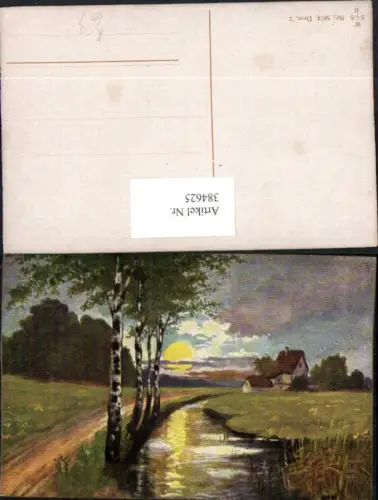 384625.Künstler AK Landschaft Bach Birken Haus Sonne