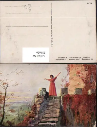 384626.Künstler AK In Erwartung Frau m. Kleid Stiegen