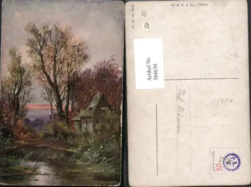 384630,Künstler AK Haus Teich Bäume