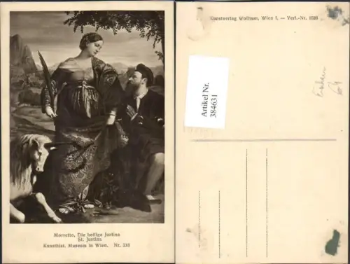 384631,Künstler AK Morretto Die heilige Justina Frau m. Kleid Feder Einhorn