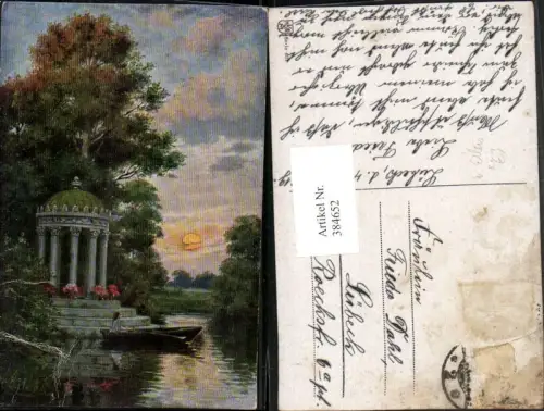 384652,Künstler AK W. Eilers Tempel Teich Ruderboot Sonne