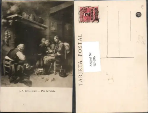 384696,Künstler AK J. A. Benilliure Por la Patria Familie Soldat 2 Millionen Stempel