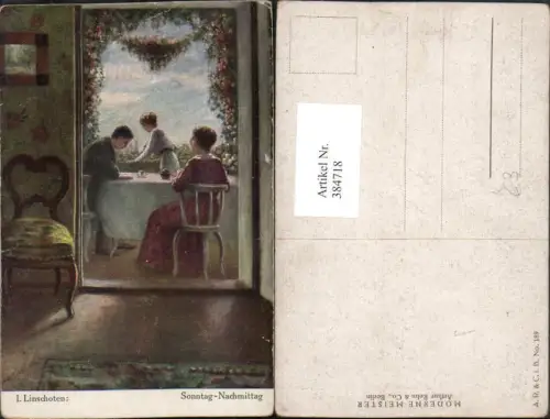 384718,Künstler AK I. Linschoten Sonntag Nachmittag Personen Terrasse Tisch