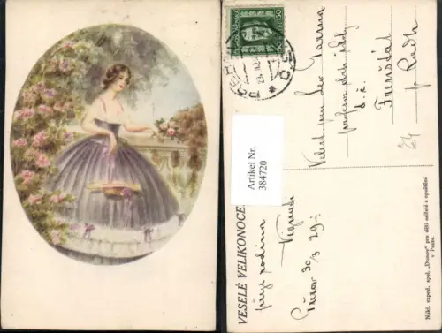 384720,Künstler AK Frau m. Kleid Mode Hut Blumen