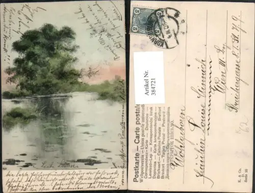 384721,Künstler AK Landschaft Teich Baum