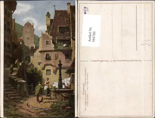 384780,Künstler AK K. Spitzweg Der ewige Hochzeiter Dorf Brunnen Stiege Turm