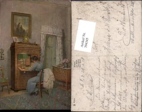 394345,Künstler AK W. Pyka Der Brief Frau m. Kleid b. Schreiben Tisch Tischalmpe