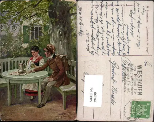 394399,Künstler AK R. Borrmeister Lindenwirtin du junge Wanderer Wein Stricken