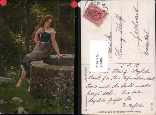 394406,Künstler AK R. Borrmeister Am Brunnen Frau m. Kleid