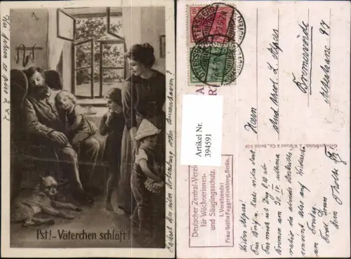 394591,Künstler AK Väterchen schläft Familie Hund pub Deutscher Zentral-Verein f. Säuglingsschutz