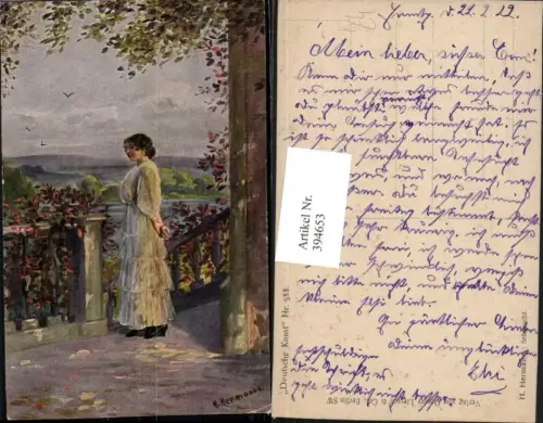 394653,Künstler AK H. Hermanns Sehnsucht Frau m. Kleid Terrasse