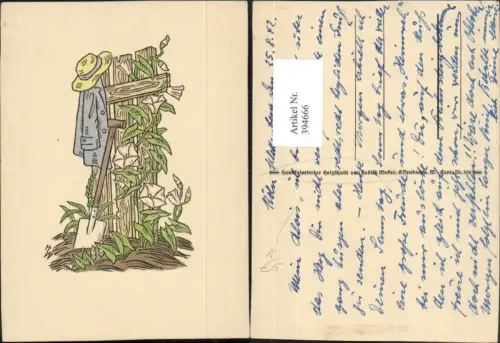 394666,Künstler AK Handkolorierter Holzschnitt Hedith Weker Zaun Schaufel Hut Blumen