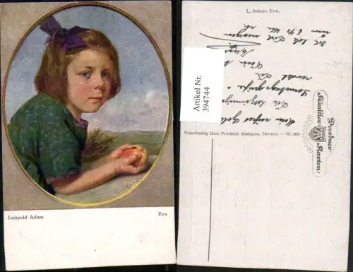 394744,Künstler AK Luitpold Adam Eva Mädchen m. Masche Apfel Portrait