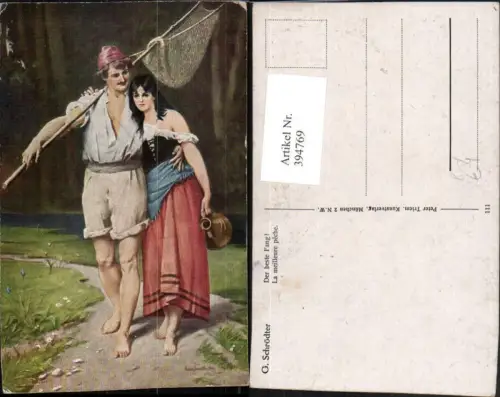 394769,Künstler AK G. Schrödter Der beste Fang Liebe Paar Netz Krug