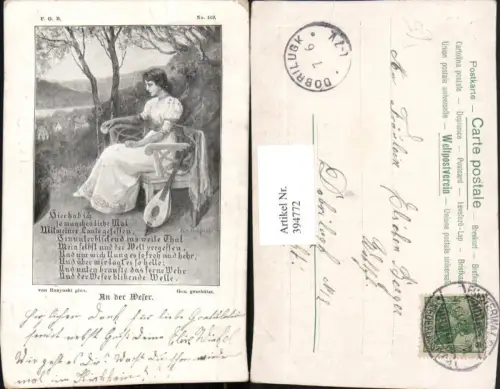 394772,Künstler AK K. v. Rozynski An der Weser Frau m. Kleid Bank Mandoline Text Spruch