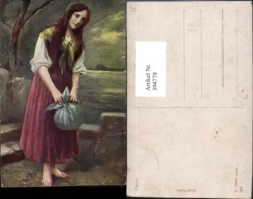 394778,Künstler AK F. Oster Mignon Frau m. Kleid Sack Beutel