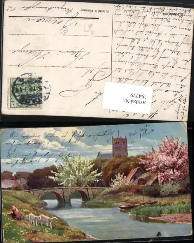 394779,Künstler AK Landschaft Schafe Brücke Kirche Baumblüte