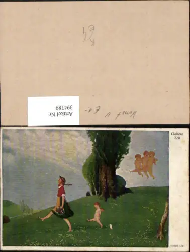 394789,Künstler AK Joseph Uhl Goldene Zeit Landschaft Frau Blumen Engeln