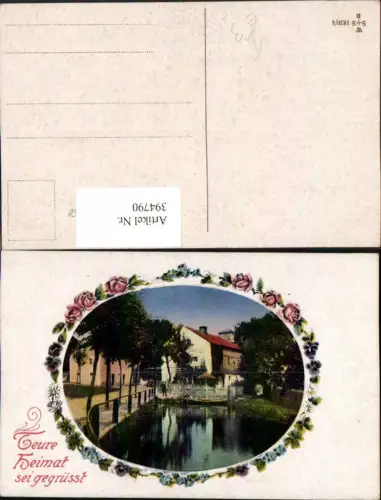 394790,Künstler AK Teure Heimat sei gegrüßt Fluss Haus Passepartout Blumen