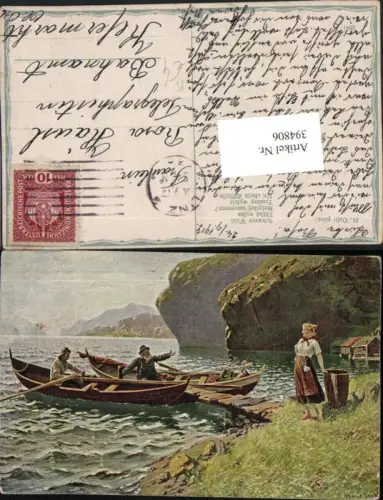 394806,Künstler AK H. Dahl Schwere Wahl Landschaft Frau Männer in Booten